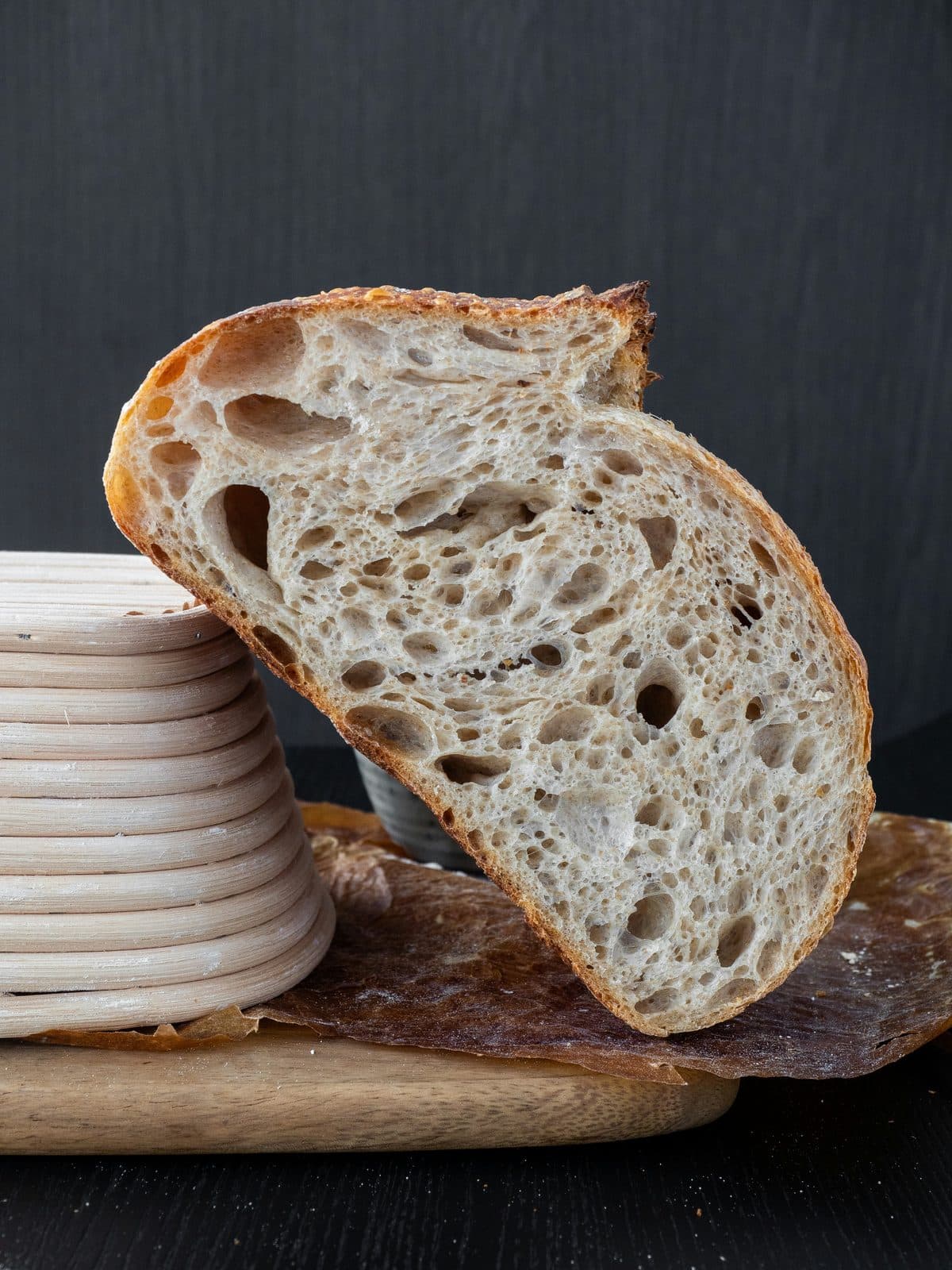 A sourdough loaf cut open on the counter
